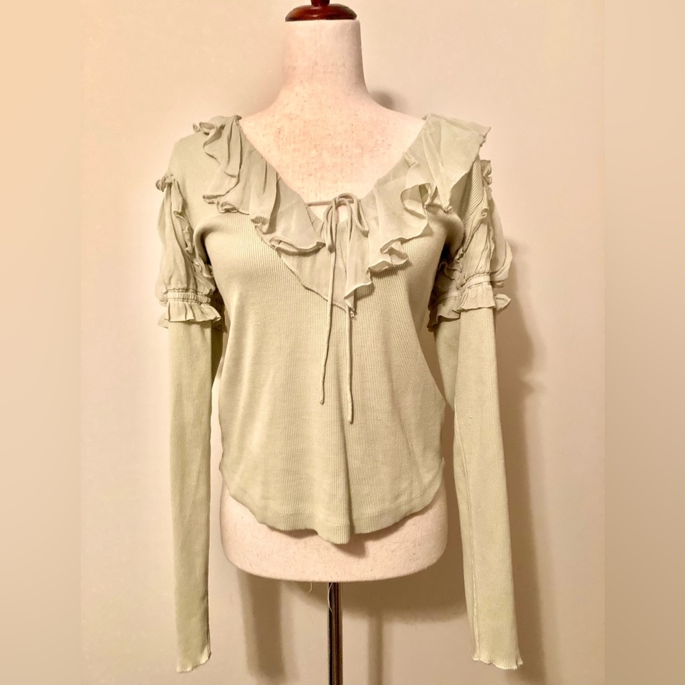 Anthropologie Ruffled Blouse in Light Green. NWT